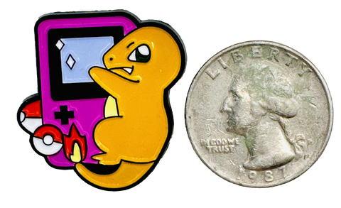 RedGuardian Charmander Pokemon hugging a purple Gameboy enamel pin with Pokeball detail and flame accent.