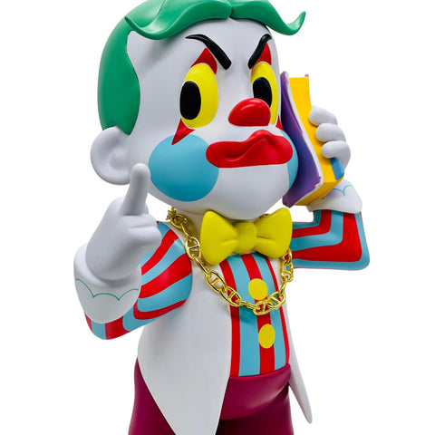 RedGuardian clown vinyl figure with green hair, holding a phone to ear, wearing a gold chain and colorful suit.
