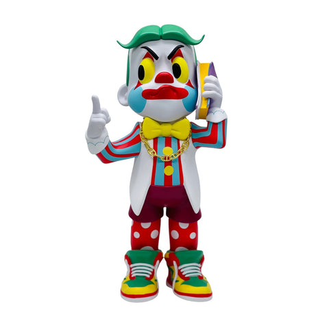 RedGuardian clown figure with green hair, yellow eyes, and red nose, holding a phone to his ear. He wears a yellow bow tie, gold chain, and colorful striped shirt.