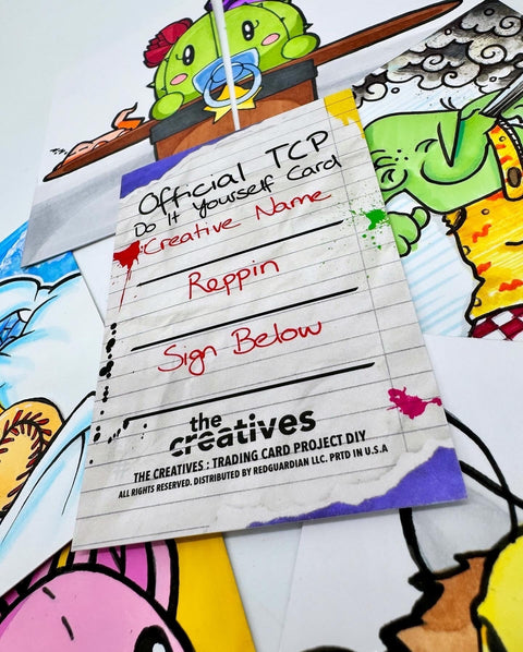 RedGuardian The Creatives DIY trading cards with blank white fronts for customization and a space to sign on the back.