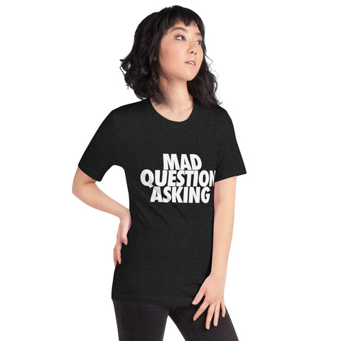 RedGuardian dark heather grey unisex t-shirt with white "MAD QUESTION ASKING" text graphic. Model is wearing a size medium.