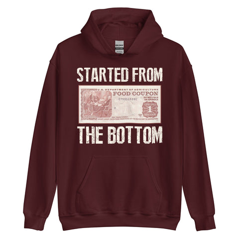 RedGuardian maroon unisex hoodie with "Started from the Bottom" text and a vintage food stamp design.