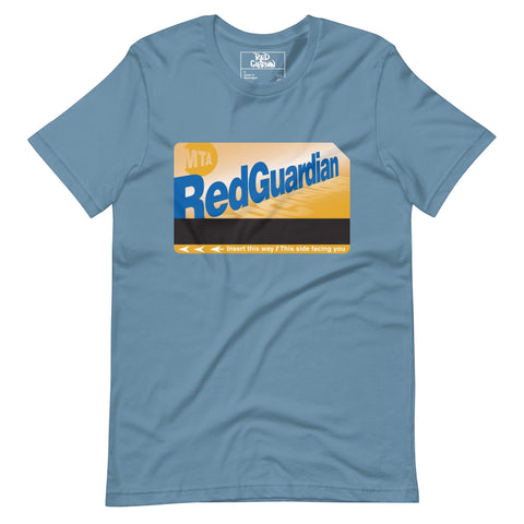 RedGuardian unisex t-shirt in light blue, featuring a graphic design resembling an MTA MetroCard with the brand name.