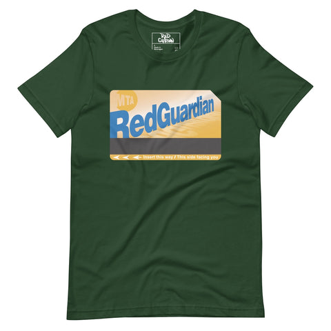 RedGuardian unisex t-shirt in dark green, featuring a graphic resembling an MTA MetroCard with the brand name.