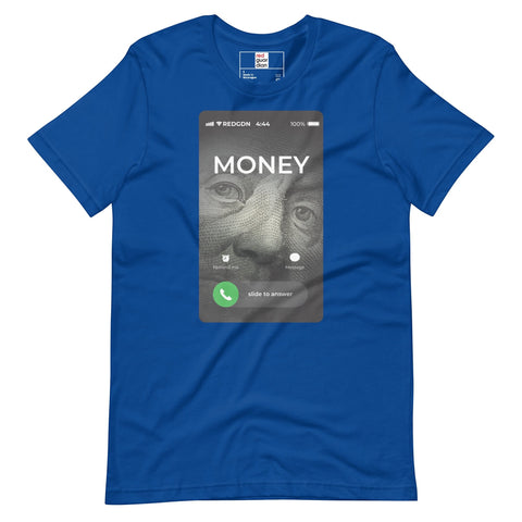 RedGuardian blue unisex t-shirt with a graphic of a cellphone screen showing a call from "MONEY" with Benjamin Franklin's face.