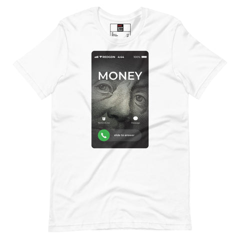RedGuardian white unisex t-shirt with a graphic of a cellphone screen displaying a call from "MONEY" with Benjamin Franklin's face.