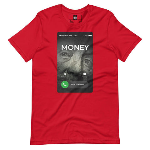 Red Guardian unisex t-shirt with a graphic of a cellphone screen showing a call from "MONEY" with Benjamin Franklin's face.