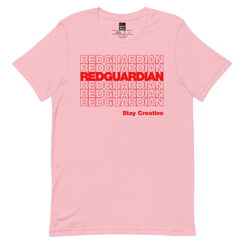 RedGuardian pink unisex t-shirt with repeating red "REDGUARDIAN" text and "Stay Creative" slogan.
