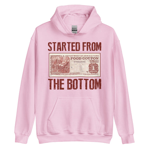 RedGuardian pink unisex hoodie with "Started from the Bottom" graphic featuring a vintage food stamp design.