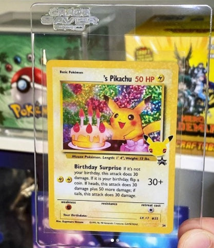 RedGuardian Pro Card Shields protecting a Pokemon Birthday Surprise Pikachu card. Clear plastic semi-rigid protector.