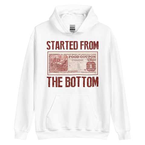 RedGuardian white unisex hoodie with "Started from the Bottom" text and a vintage food stamp design.