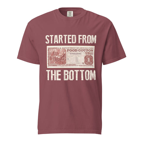 RedGuardian maroon 100% cotton heavyweight t-shirt with "Started from the Bottom" graphic and retro food stamp design.