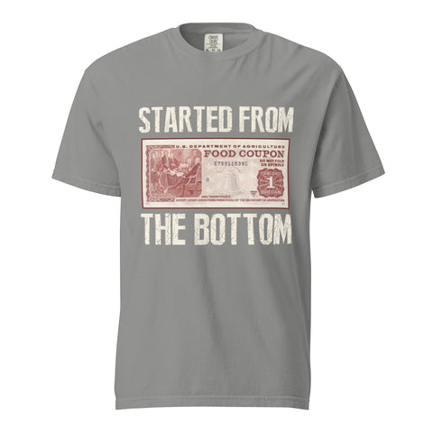 RedGuardian grey 100% cotton heavyweight t-shirt with "Started from the Bottom" text and a retro food coupon graphic.