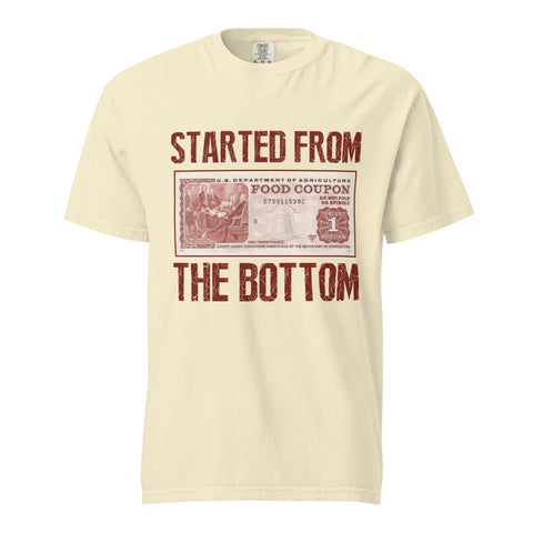 RedGuardian cream garment-dyed heavyweight t-shirt with "Started from the Bottom" text and a retro food stamp graphic.