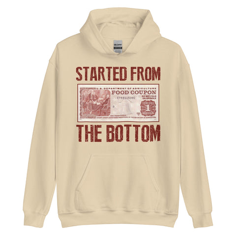 RedGuardian cream 50% cotton 50% polyester unisex hoodie with "Started from the Bottom" graphic featuring a vintage food stamp design.