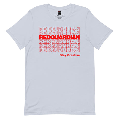 RedGuardian unisex t-shirt in light blue with repeating red 'RedGuardian' text and 'Stay Creative' slogan. 100% cotton.