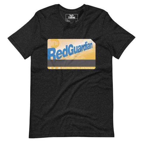 RedGuardian unisex t-shirt in dark heather grey, featuring a graphic resembling an MTA MetroCard with the brand name.