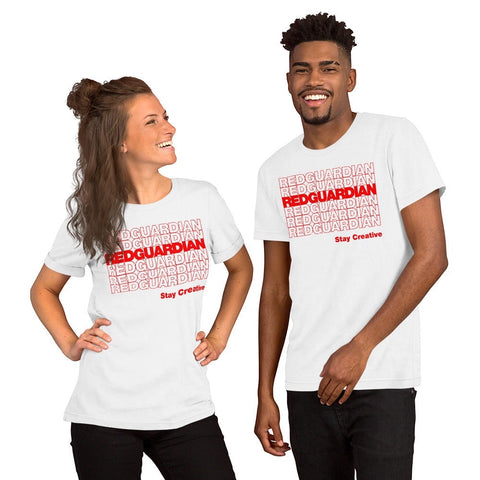 RedGuardian white unisex t-shirt with repeating red text logo and "Stay Creative" slogan. Modeled by a man and woman.