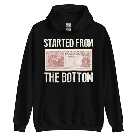 RedGuardian black unisex hoodie with "Started From The Bottom" text and a vintage food stamp graphic on the front. Made from 50% cotton, 50% polyester.