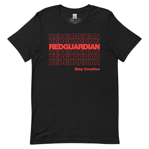 RedGuardian black unisex t-shirt with repeated red "REDGUARDIAN" text and "Stay Creative" slogan.