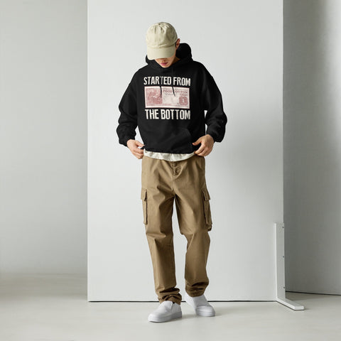 RedGuardian black unisex hoodie with "Started from the Bottom" and food stamp graphic, 50% cotton, 50% polyester.