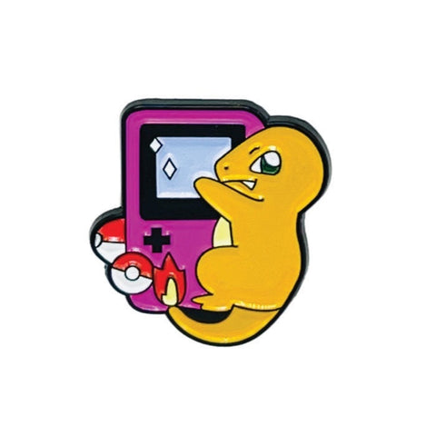 RedGuardian Charmander Pokemon hugging a purple Gameboy enamel pin with Pokeball detail. Zinc alloy with soft enamel.