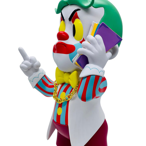 RedGuardian clown figure with green hair, holding phone to ear, wearing gold chain and striped suit.