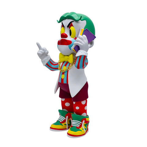 RedGuardian clown figure with green hair, holding a phone to his ear, wearing a yellow bow tie and gold chain.
