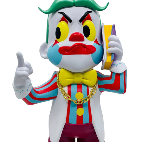 RedGuardian vinyl figure of a clown with green hair, holding a phone to his ear, wearing a gold chain and striped suit.