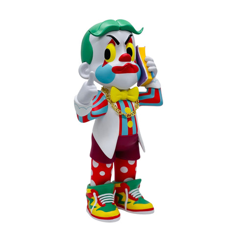 RedGuardian clown figure on phone, wearing gold chain, red & blue striped shirt, burgundy shorts, polka dot socks, and colorful sneakers.