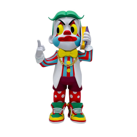 RedGuardian limited edition vinyl clown figure holding a phone, wearing a yellow bow tie, gold chain, and colorful clown attire.