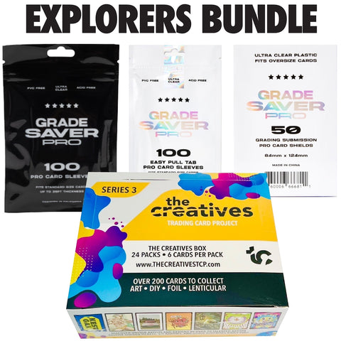 RedGuardian Explorers Bundle includes The Creatives Series 3 trading cards, 2 packs of Grade Saver Pro card sleeves, and 1 pack of Grade Saver Pro card shields.