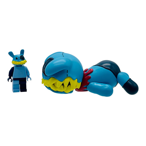 RedGuardian Knav Lego bootleg special edition blue and black minifigure and large blue figure with yellow teeth.