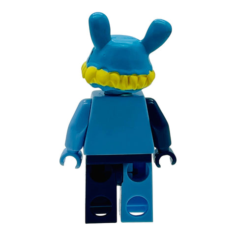 RedGuardian Knav Lego bootleg special edition minifigure with blue bunny ears and yellow trim, custom painted blue body and mismatched legs.