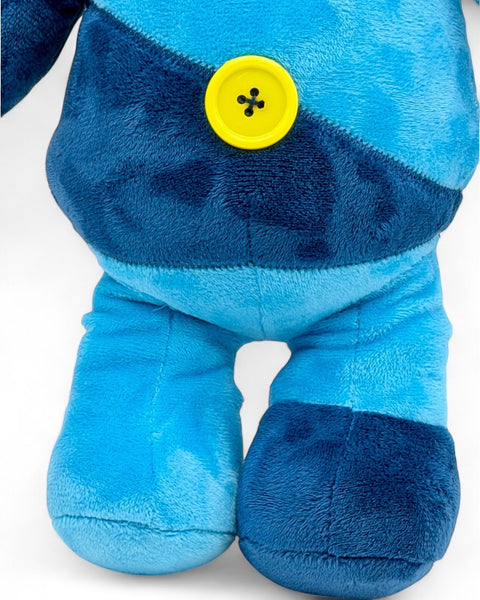 RedGuardian Knav Plush collectible, 16.5 inches tall, blue patchwork design with a yellow button detail.