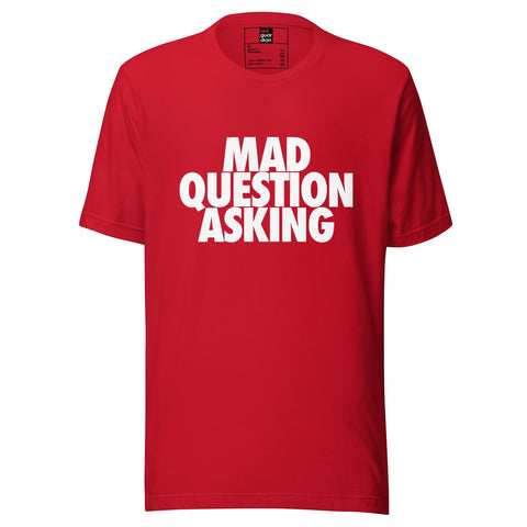 Red Guardian red cotton t-shirt with white "Mad Question Asking" graphic print. Unisex fit, crew neck.
