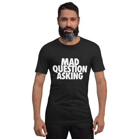 RedGuardian dark grey unisex t-shirt with white "MAD QUESTION ASKING" text graphic. Short sleeves, crew neck, 100% cotton.