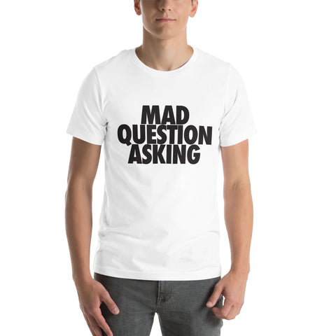 RedGuardian white unisex t-shirt with black bold text "MAD QUESTION ASKING" across the chest, made from 100% cotton.