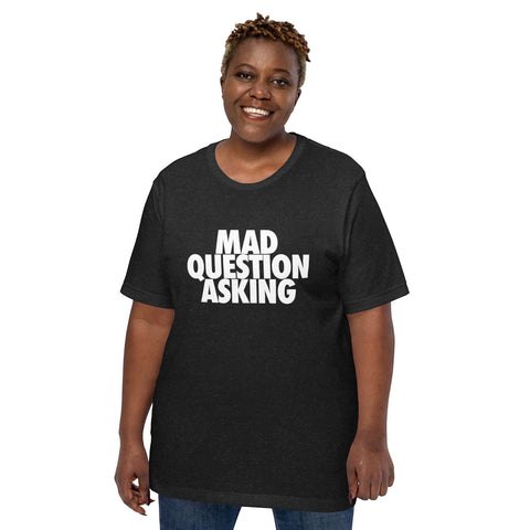 RedGuardian black unisex t-shirt with white "MAD QUESTION ASKING" graphic print. Made from 100% combed and ring-spun cotton.