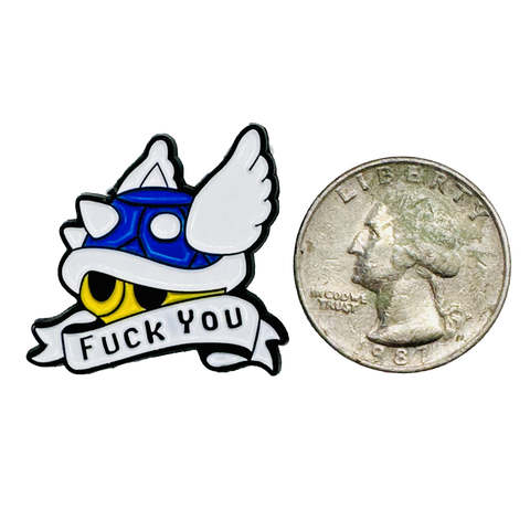 RedGuardian Mario Kart blue shell enamel pin with white wings and a banner reading "F*** YOU".