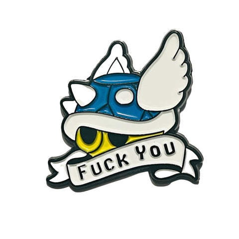 RedGuardian Mario Kart Blue Shell enamel pin with "F*** YOU" text, black nickel and zinc alloy, 1.5mm thick.