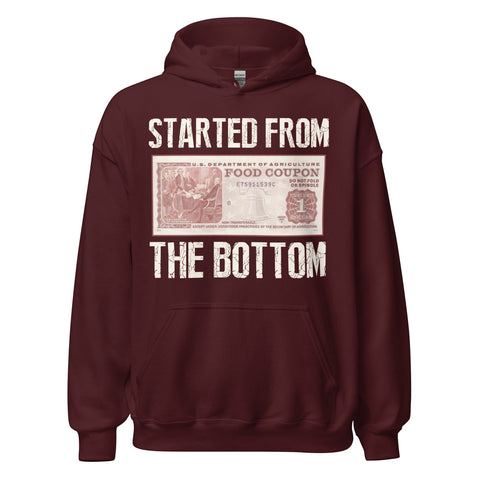 RedGuardian maroon unisex hoodie with "Started from the Bottom" text and a vintage food stamp graphic.