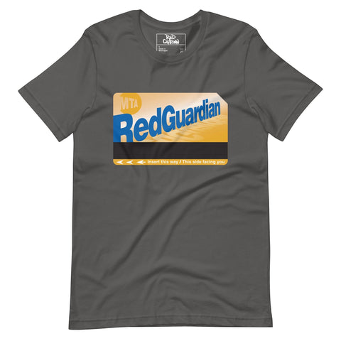 RedGuardian unisex t-shirt in dark grey, featuring a graphic design resembling a Metrocard with 'MTA RedGuardian' text and 'Insert this way / This side facing you' instruction.