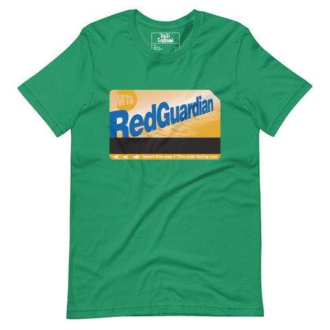 RedGuardian unisex green t-shirt with a graphic resembling an MTA MetroCard, featuring the brand name.