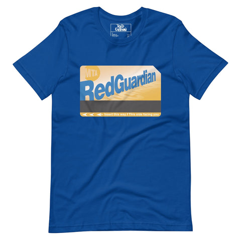 RedGuardian unisex royal blue t-shirt with a graphic resembling an MTA MetroCard featuring the RedGuardian logo and "Insert this way / This side facing you" text.