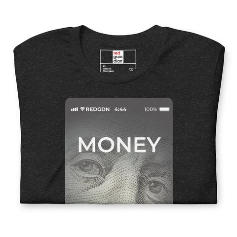 RedGuardian dark grey unisex t-shirt with a graphic of a cellphone screen displaying "MONEY" over a fragment of a US dollar bill.