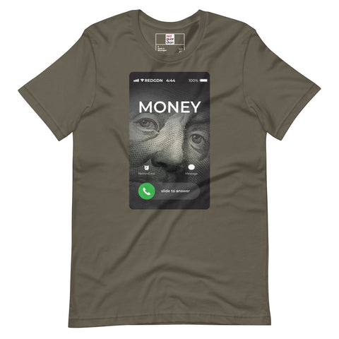 RedGuardian olive green unisex t-shirt with a graphic of a cellphone screen showing a "Money" call with Benjamin Franklin's face.
