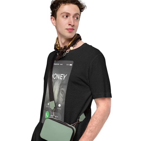 RedGuardian black unisex t-shirt with a graphic of a cellphone screen displaying "MONEY" and a portrait of Benjamin Franklin.