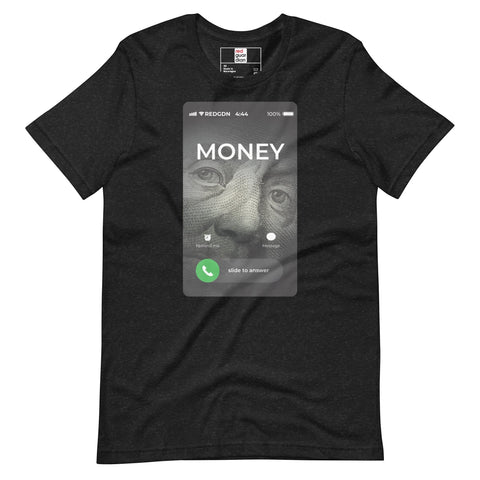 RedGuardian dark grey unisex t-shirt with a graphic of a cellphone screen showing a call from "MONEY" with Benjamin Franklin's face.
