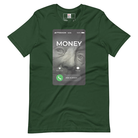 RedGuardian dark green unisex t-shirt with a graphic of a cellphone screen showing a call from "MONEY" with Benjamin Franklin's face.